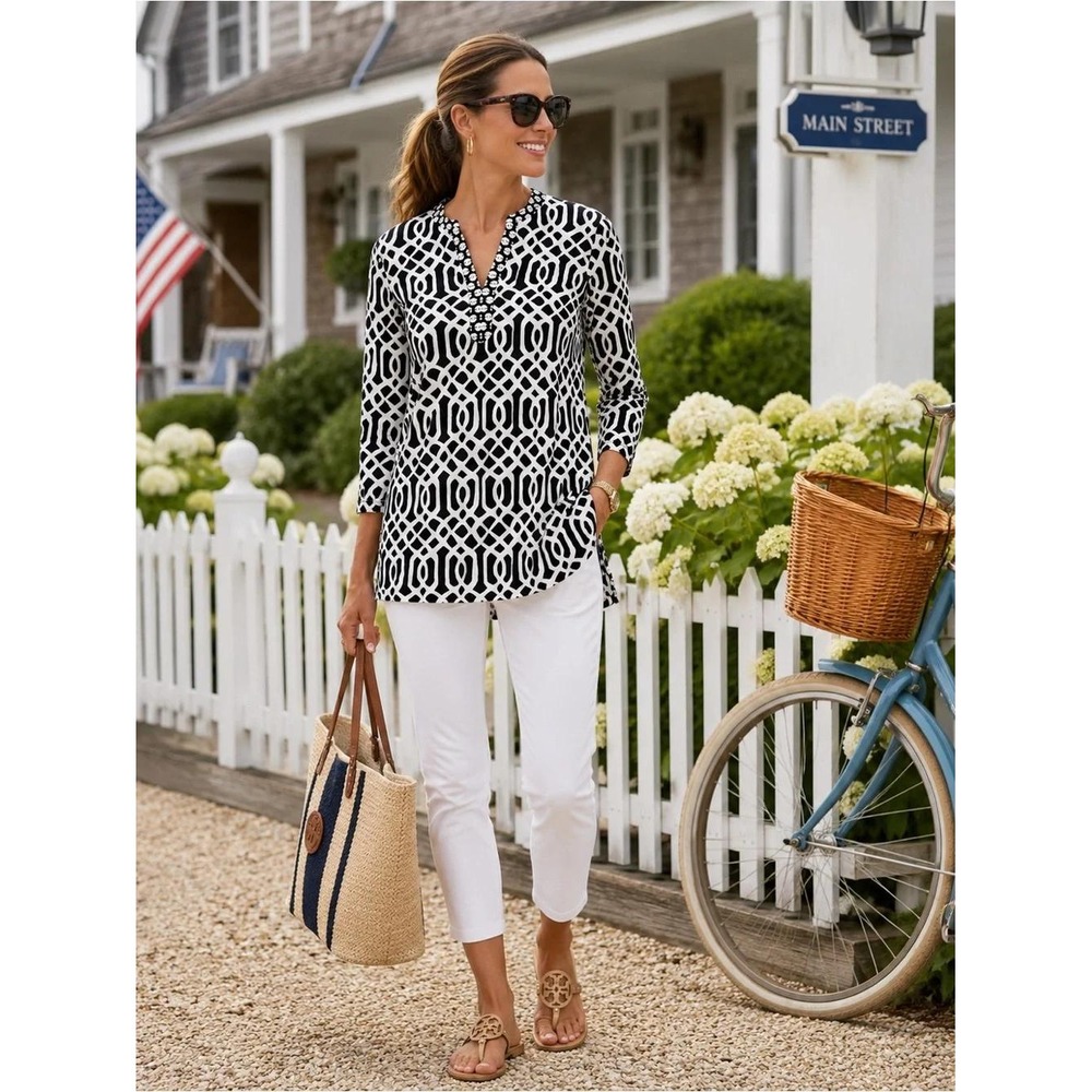 J.McLaughlin Catalina Cloth Geometric Tunic Top M Black White Split V-Neck 3/4